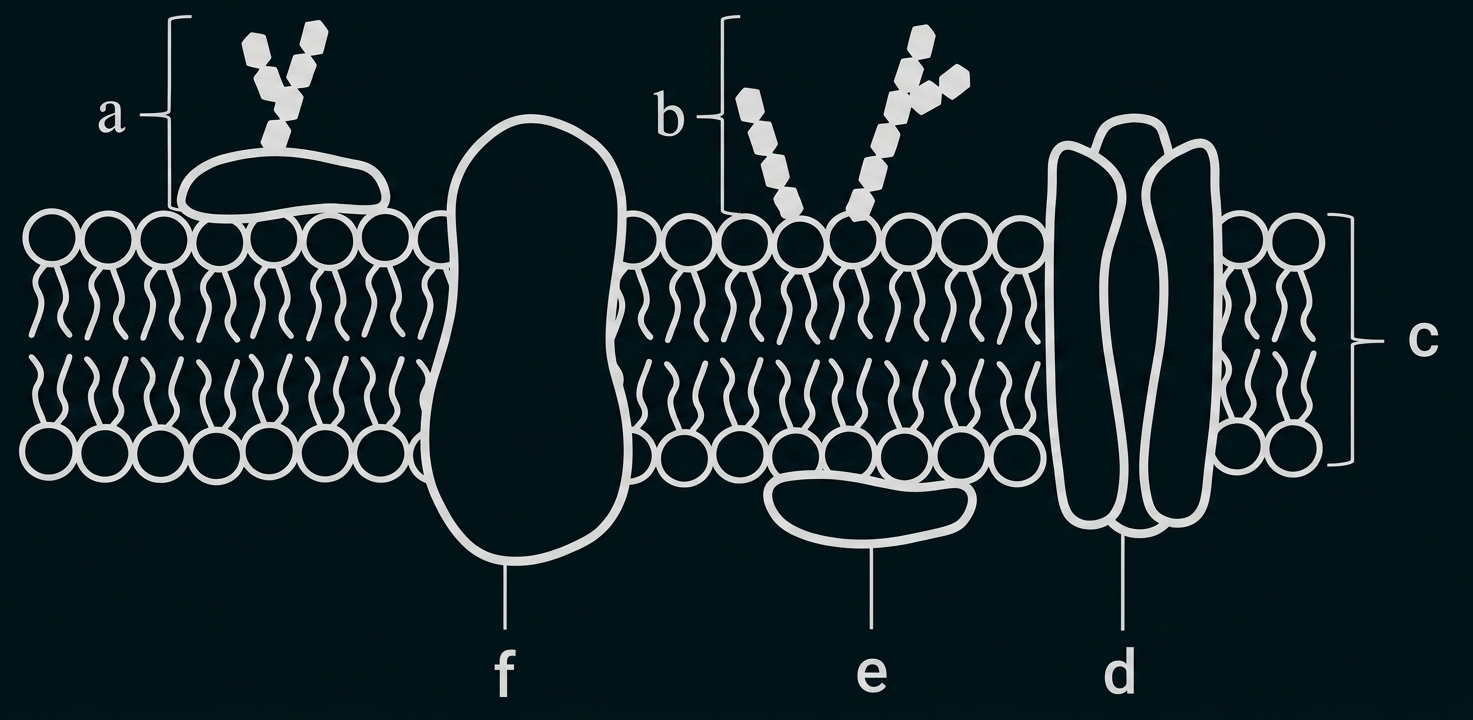 Schematische Zellmembran mit Lipiddoppelschicht, integralen und peripheren Proteinen und markierten Komponenten a–f
